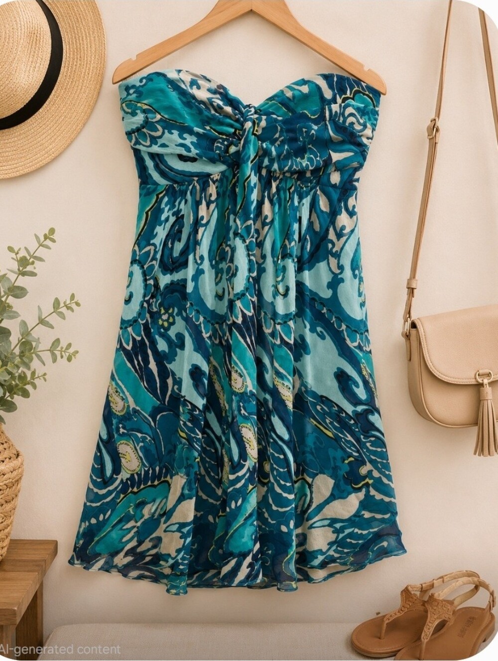 Express Strapless Blue & Teal Printed Sundress | Empire Waist|Flowy Summer Dress